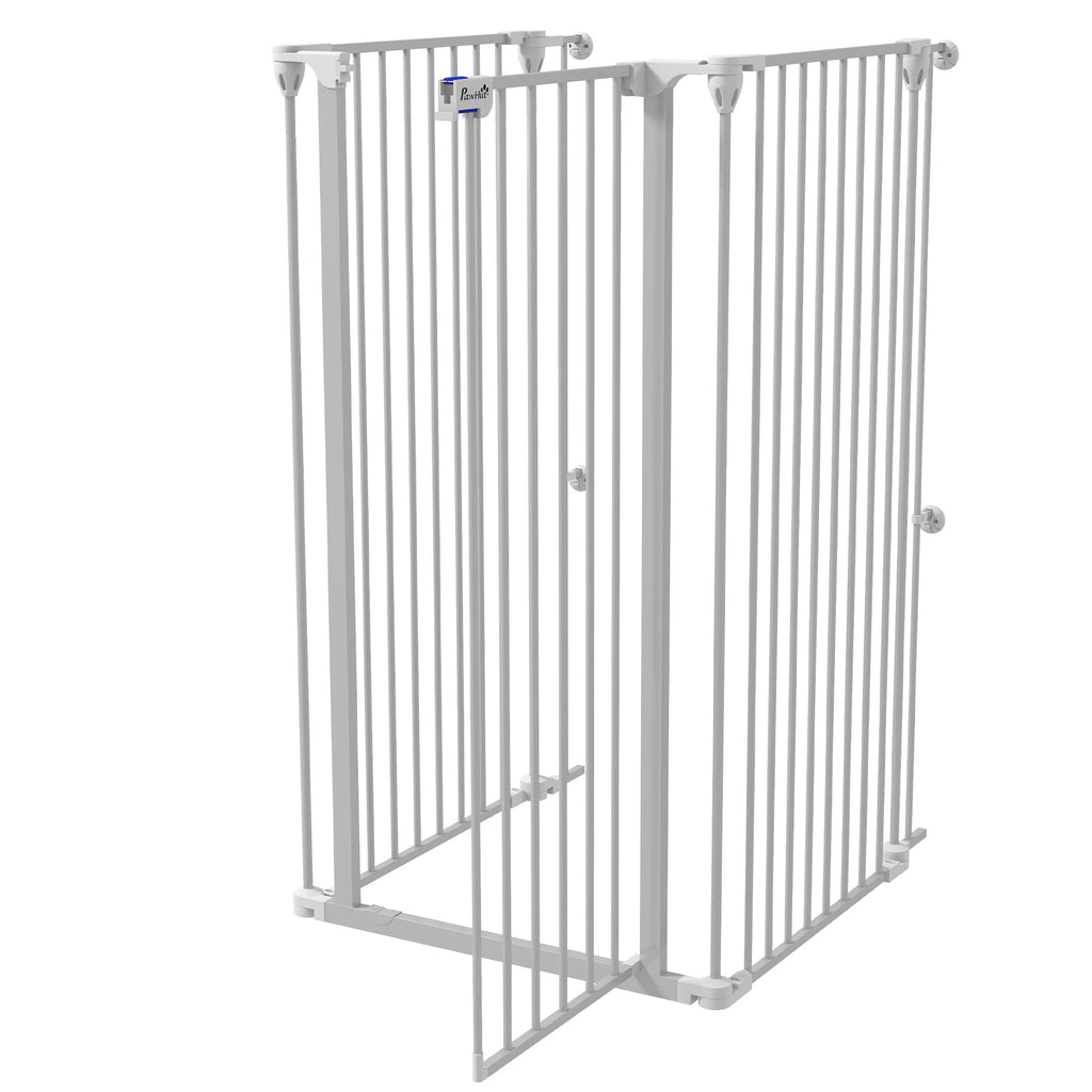 Barrière pour chien en acier à 3 panneaux pliante double verrouillage et porte intégrée pour porte et escalier blanc-7