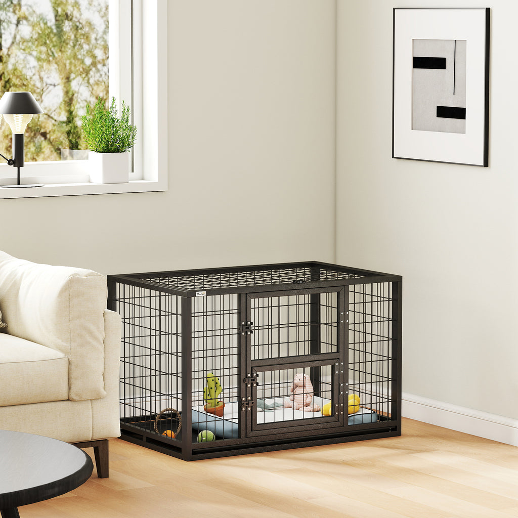Cage pour Chien Robuste Niche Chien Intérieur Toit Ouvrant et Porte de Nourrissage Acier 94 x 60 x 64 cm Noir-1