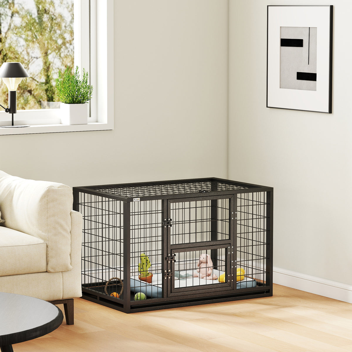 Cage pour Chien Robuste Niche Chien Intérieur Toit Ouvrant et Porte de Nourrissage Acier 94 x 60 x 64 cm Noir-1