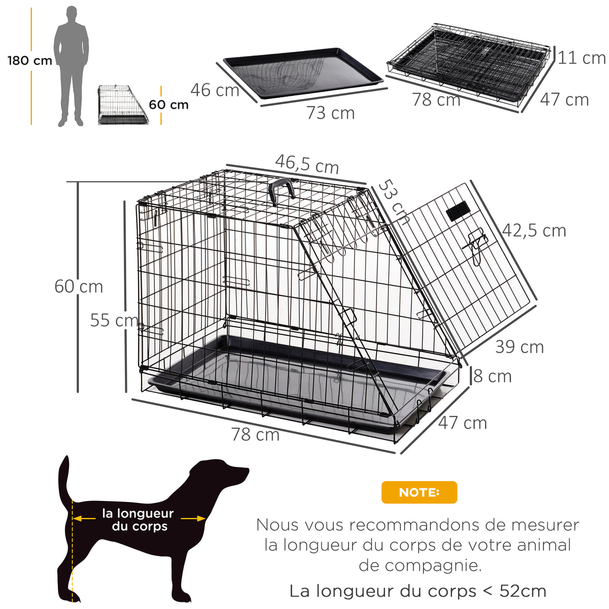 Cage de transport pour chien taille L dim. 78L x 47l x 55H cm métal noir-2