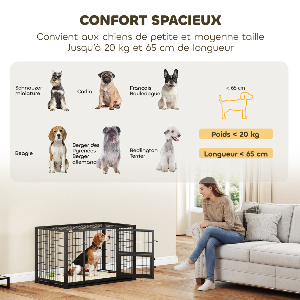 Cage pour Chien Robuste Niche Chien Intérieur Toit Ouvrant et Porte de Nourrissage Acier 94 x 60 x 64 cm Noir-7