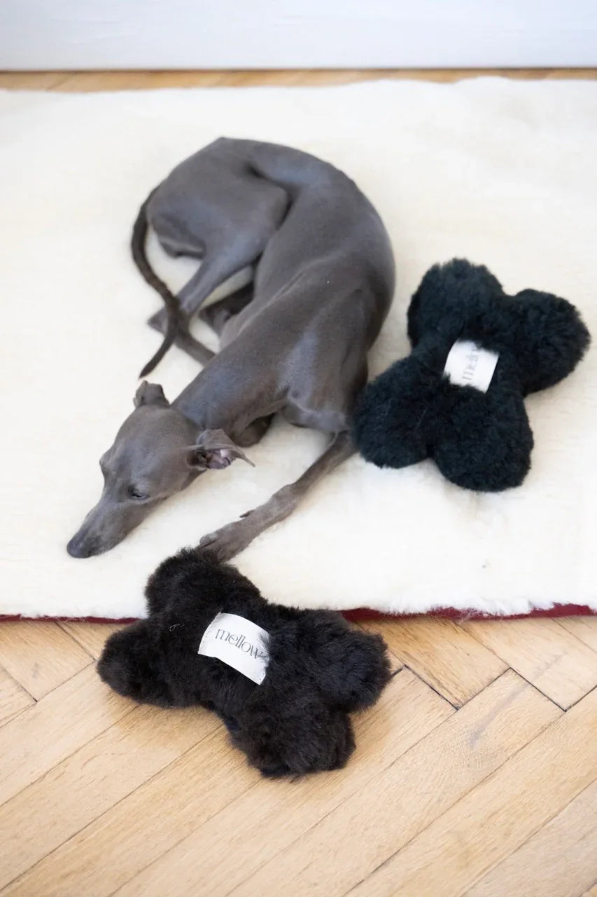 Natural Sheepskin Dog Toy - Bone - Black-1