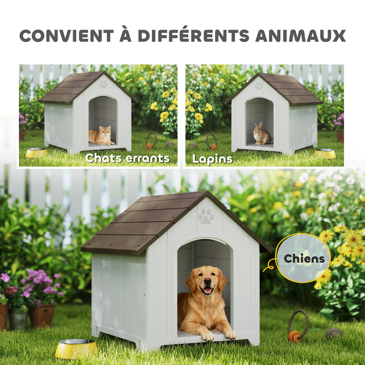 Niche pour chien extérieur, maison chien en polypropylène imperméable, ventilé, plancher surélevé, gris clair-7
