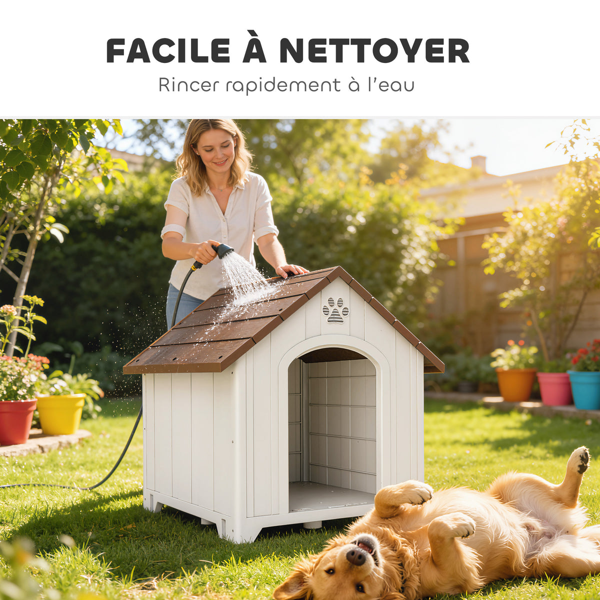 Niche pour chien extérieur, maison chien en polypropylène imperméable, ventilé, plancher surélevé, gris clair-8