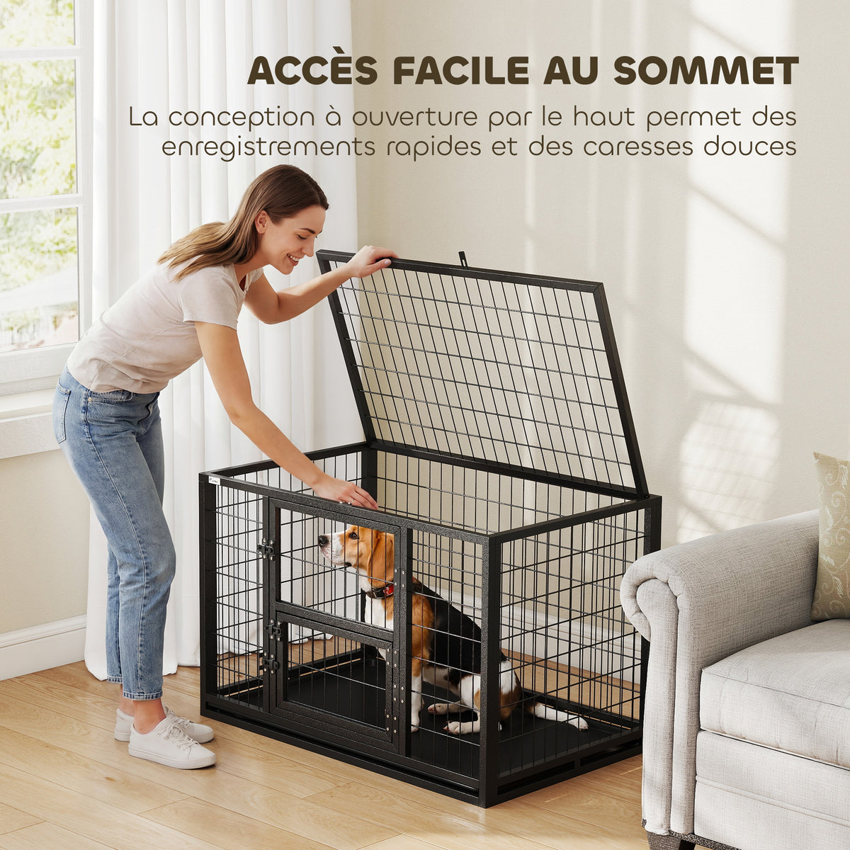 Cage pour Chien Robuste Niche Chien Intérieur Toit Ouvrant et Porte de Nourrissage Acier 94 x 60 x 64 cm Noir-5