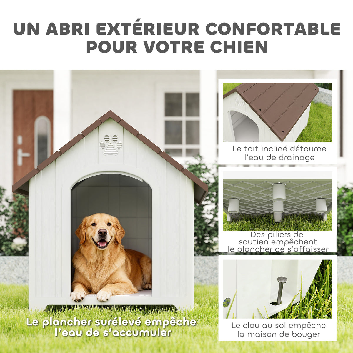Niche pour chien extérieur, maison chien en polypropylène imperméable, ventilé, plancher surélevé, gris clair-3