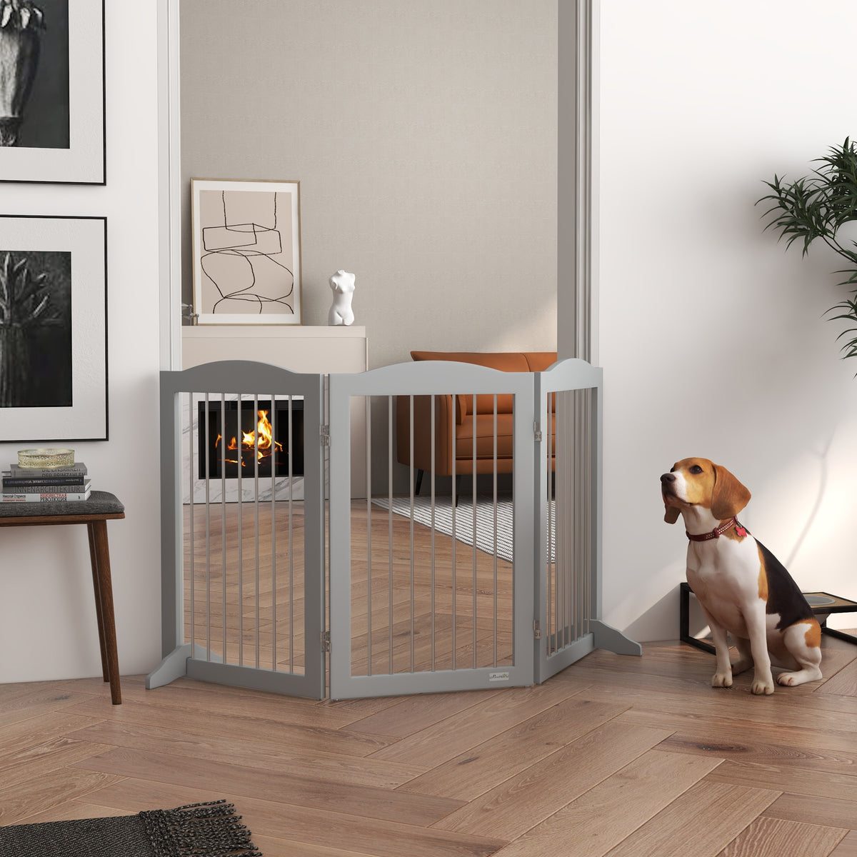 Hopfällbar säkerhetsbarriär för hund – 3 paneler, grå, 154 × 30–80 cm-1