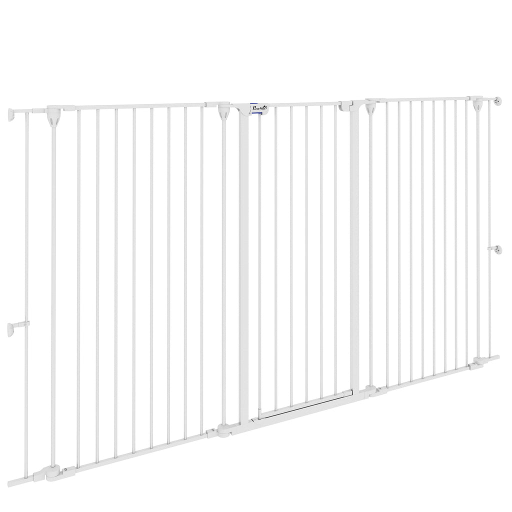 Barrière pour chien en acier à 3 panneaux pliante double verrouillage et porte intégrée pour porte et escalier blanc-0