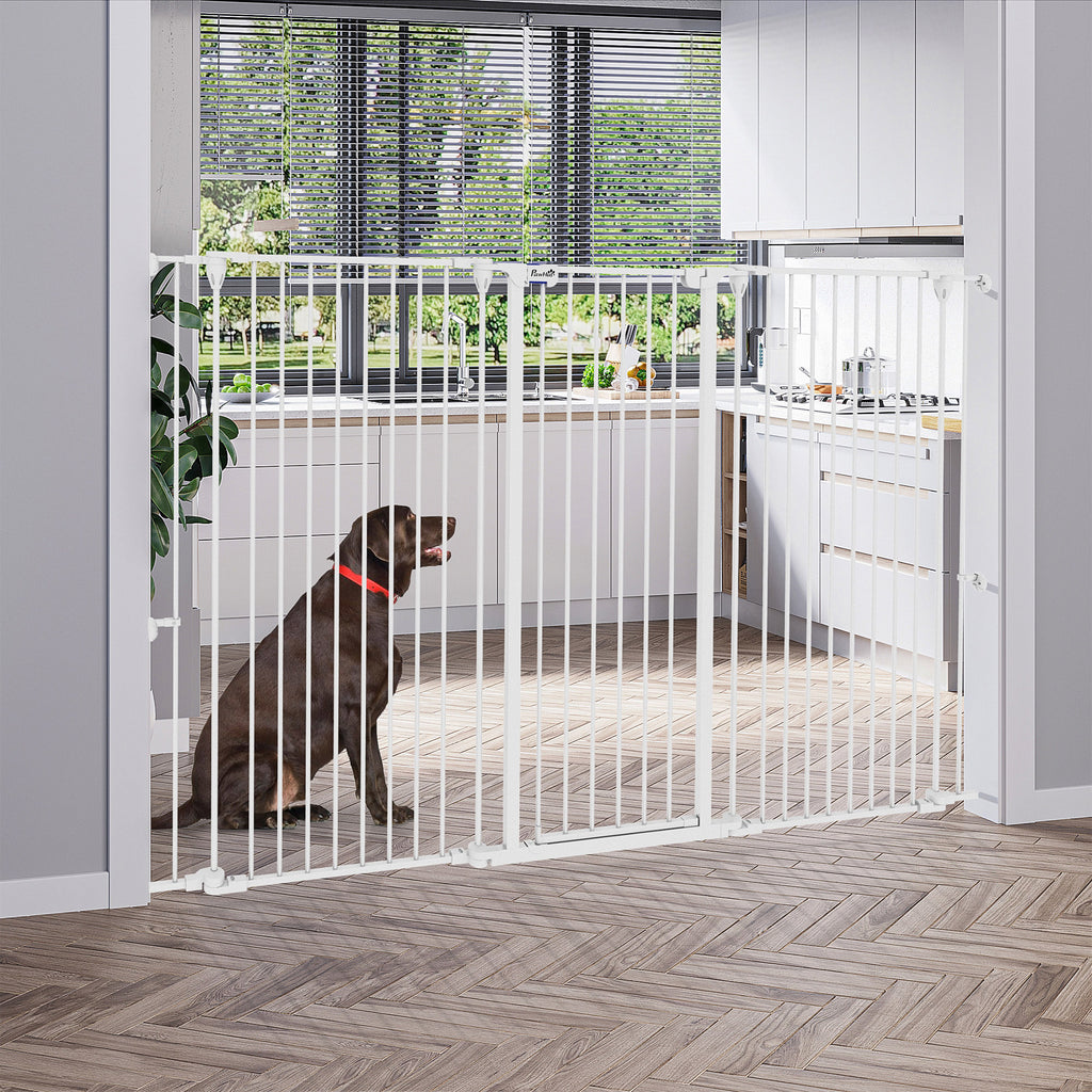 Barrière pour chien en acier à 3 panneaux pliante double verrouillage et porte intégrée pour porte et escalier blanc-1