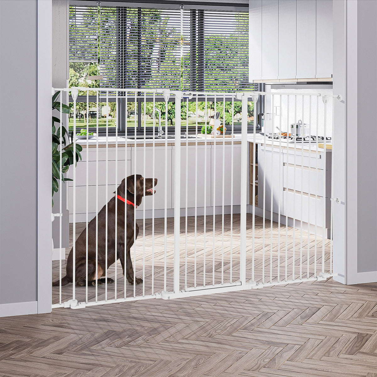 Barrière pour chien en acier à 3 panneaux pliante double verrouillage et porte intégrée pour porte et escalier blanc-1
